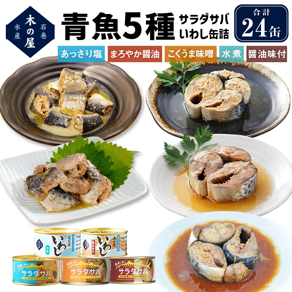 【ふるさと納税】サバ缶 イワシ缶 青魚 5種 24缶 セット 食べ比べ 缶詰 詰め合わせ 常温 木の屋 魚 水煮 味噌煮 醤油 味付 いわし 鰯 さば サバ 鯖 塩 サラダサバ 国産 鮮魚 缶 缶つま おつまみ 常温保存 長期保存 防災 非常食 キャンプ アウトドア 宮城県 石巻市 石巻