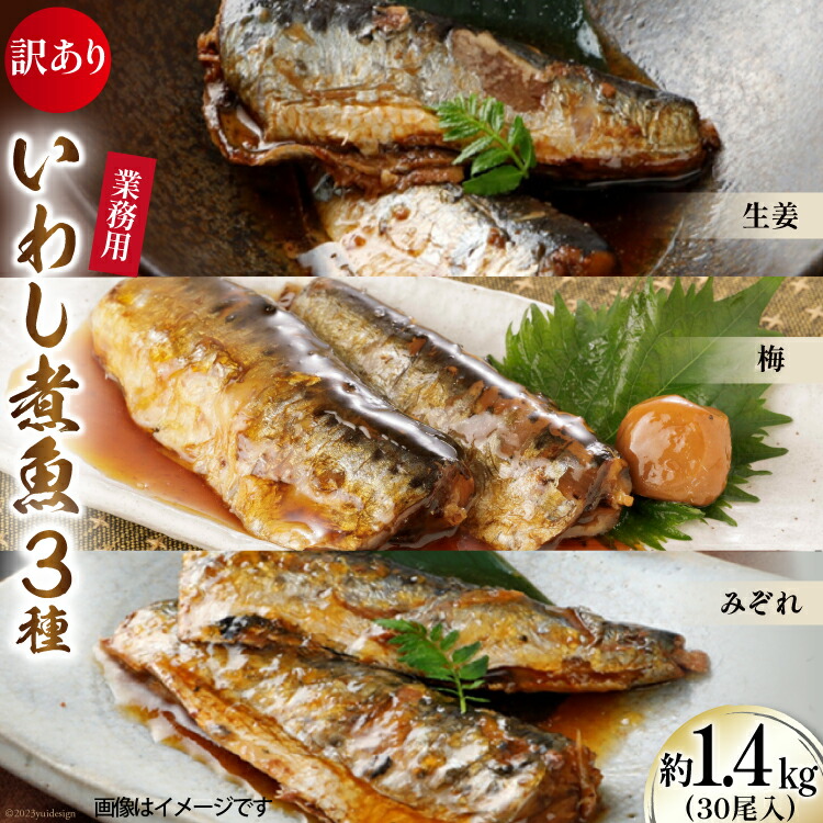 【ふるさと納税】訳あり 業務用 いわし煮魚 3種×10尾 計30尾入 約1.4kg 簡易包装 [カネダイ 宮城県 気仙沼市 20564345] 生姜煮 梅肉煮 みぞれ煮 国産 冷凍 訳アリ 海鮮 魚 冷凍 おかず 焼き魚 簡単 時短 高級 魚介 海鮮
