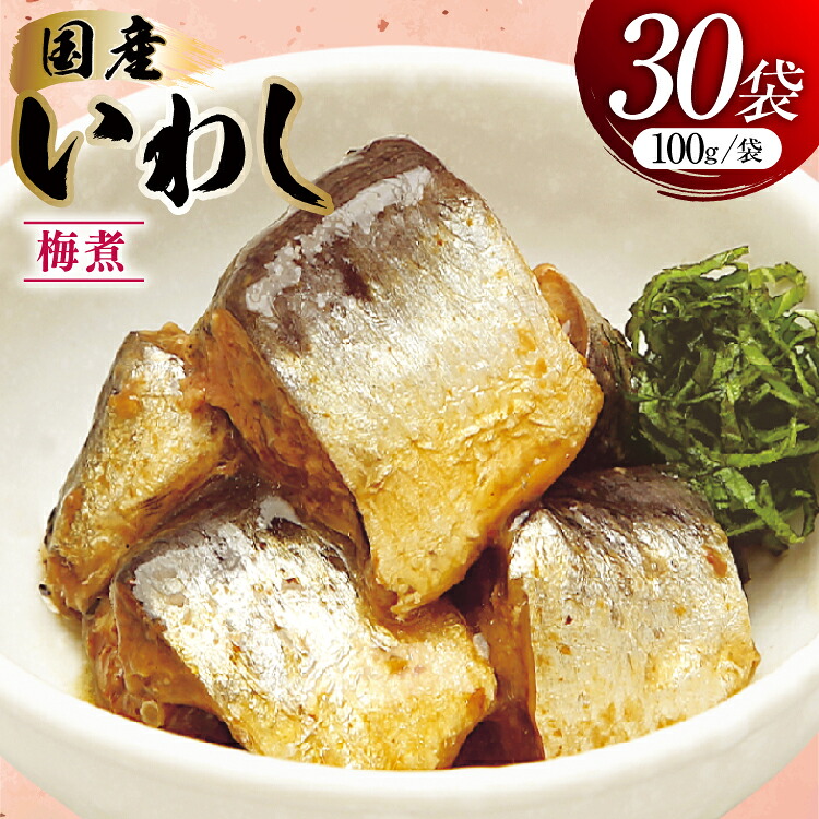 【ふるさと納税】 いわし 梅煮 100g 30袋 計3kg [気仙沼市物産振興協会 宮城県 気仙沼市 20565956] 魚 魚介類 梅煮 レトルト 簡単調理 常温 おかず 惣菜 国産｜宮城県気仙沼市