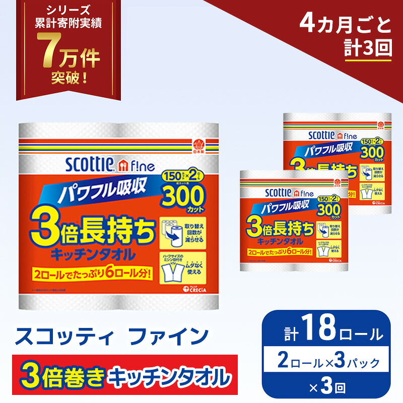 【ふるさと納税】 定期便 キッチンペーパー 18ロール (2R&times;3P,4ヶ月ごと計3回) スコッティ ファイン 3倍巻き 150カット キッチンタオル ペーパータオル 長持ち 高品質 上質 日用品 生活用品 必需品 吸水 防災 備蓄 日本製 家計の味方 送料無料 宮城県 岩沼市｜宮城県岩沼市