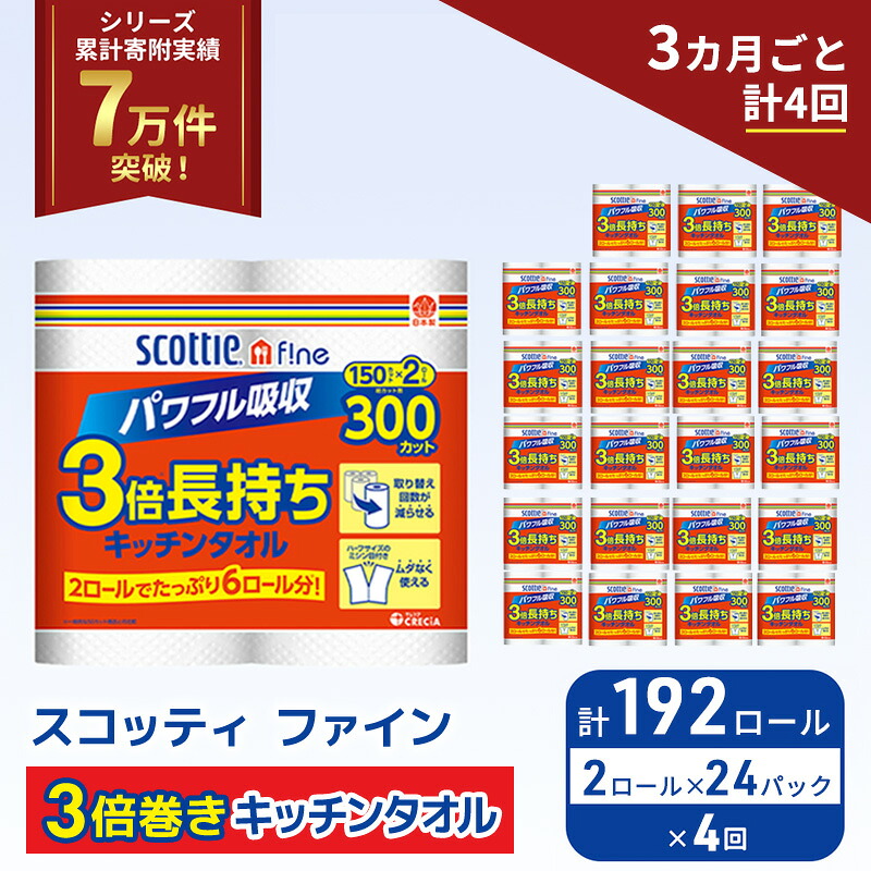 【ふるさと納税】 定期便 キッチンペーパー 192ロール (2R×24P,3ヶ月ごと計4回) スコッティ ファイン 3倍巻き 150カット キッチンタオル ペーパータオル 長持ち 高品質 上質 日用品 生活用品 必需品 吸水 防災 備蓄 日本製 家計の味方 送料無料 宮城県 岩沼市|宮城県岩沼市
