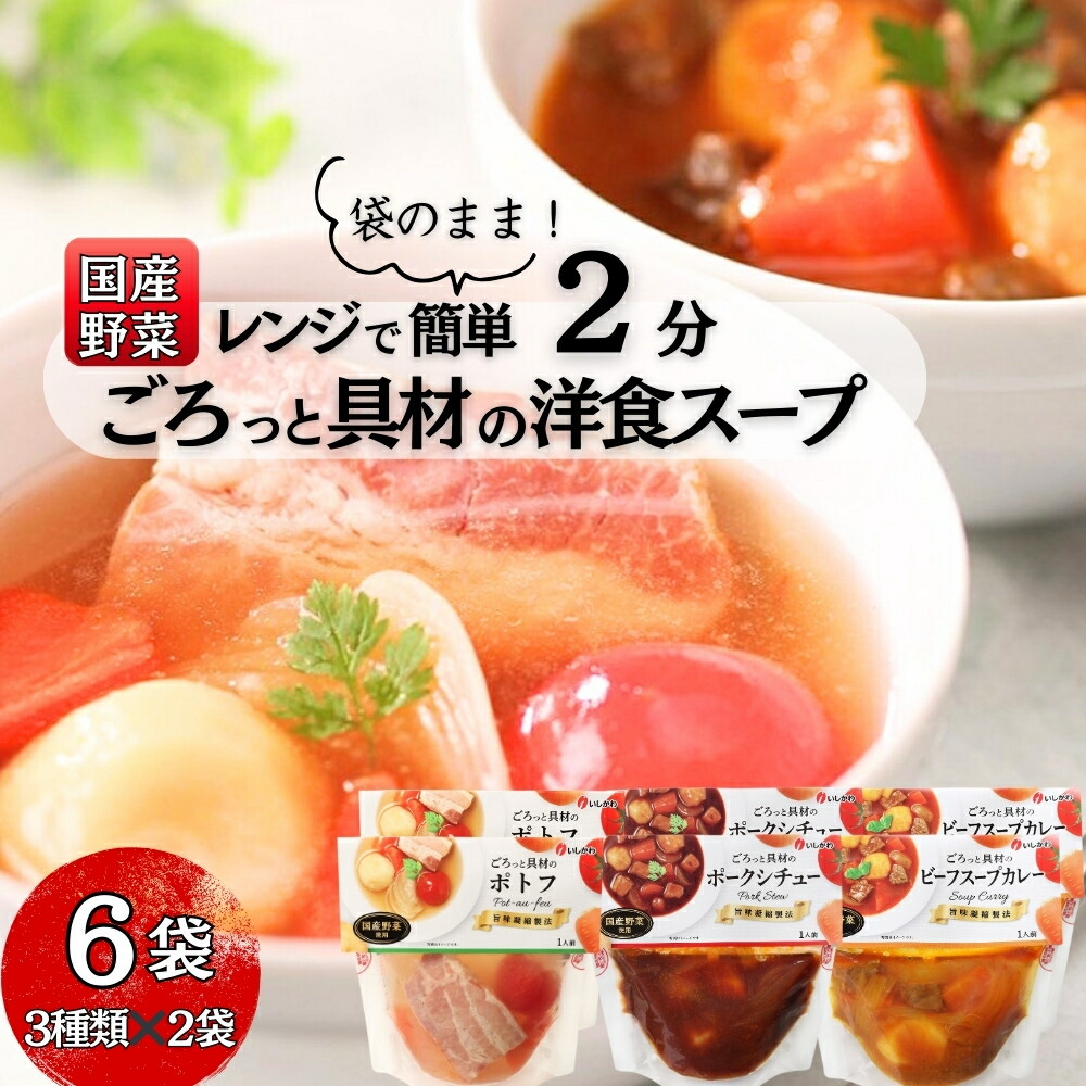 【ふるさと納税】 スープ レンジ 2分 ごろっと 具材の洋食  スープセット 国産野菜 3種6食 常温保存 個包装 ポトフ スープカレー シチュー レトルト 国産 常温保存 惣菜 ローリングストック レンジアップ 防災 非常食 東松島市 宮城県 東松島市 オンラインワンストップ A