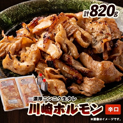 【ふるさと納税】川崎ホルモン 計820g(2~3人前410g×2袋)(濃厚ニンニク生タレ『辛口』付き)【配送不可地域:離島】【1737182】|宮城県川崎町