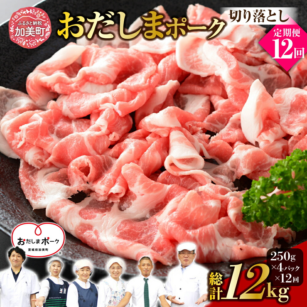 【ふるさと納税】《 12回 定期便 》 宮城県産ブランド豚 おだしまポーク 切り落とし 250g × 4パック （ 1kg ） × 12回 合計 12kg  ｜ 関精肉畜産 宮城県 加美町 豚肉 ポーク こだわり 小分け 44581349