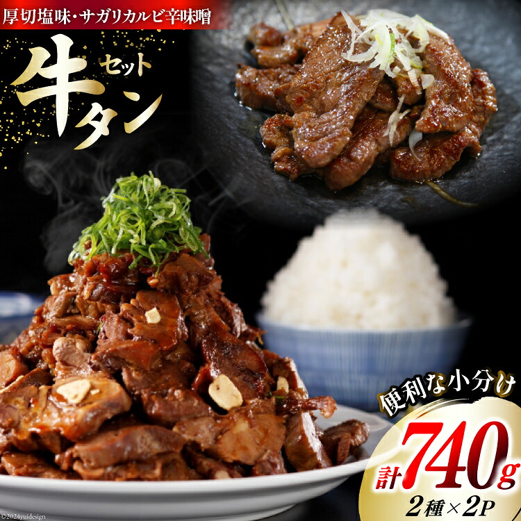 【ふるさと納税】 肉 牛タン 厚切 塩味 120g×2・牛タン サガリカルビ 辛みそ 250g×2 計740g [佐利 宮城県 南三陸町 30ag0009] 精肉 牛肉 牛 牛たん タン塩 サガリ 牛タンサガリ カルビ 厚切り 味付き 焼肉 焼き肉 BBQ 小分け 冷凍