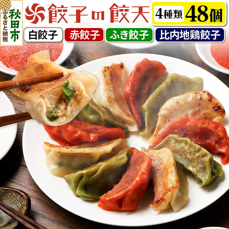 【ふるさと納税】餃天の4種餃子 48個詰合せ 餃子の餃天 (白餃子 赤餃子 ふき餃子 比内地鶏餃子) 化学調味料無添加|秋田県秋田市