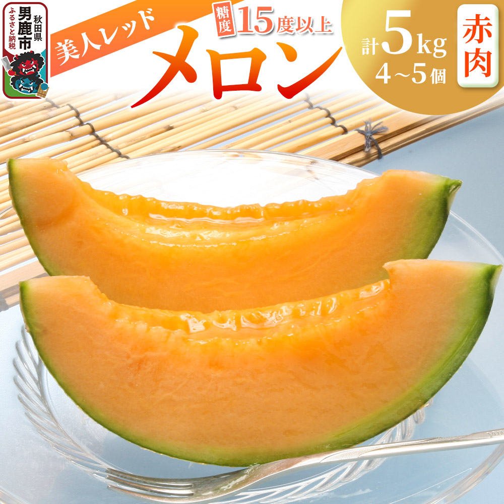 【ふるさと納税】【先行受付】美人レッドメロン 4～5個 計5kg 甘みじゅうぶんの赤肉メロン 糖度15度以上 ミツバチ交配 秋田県 男鹿市 JAなまはげ
