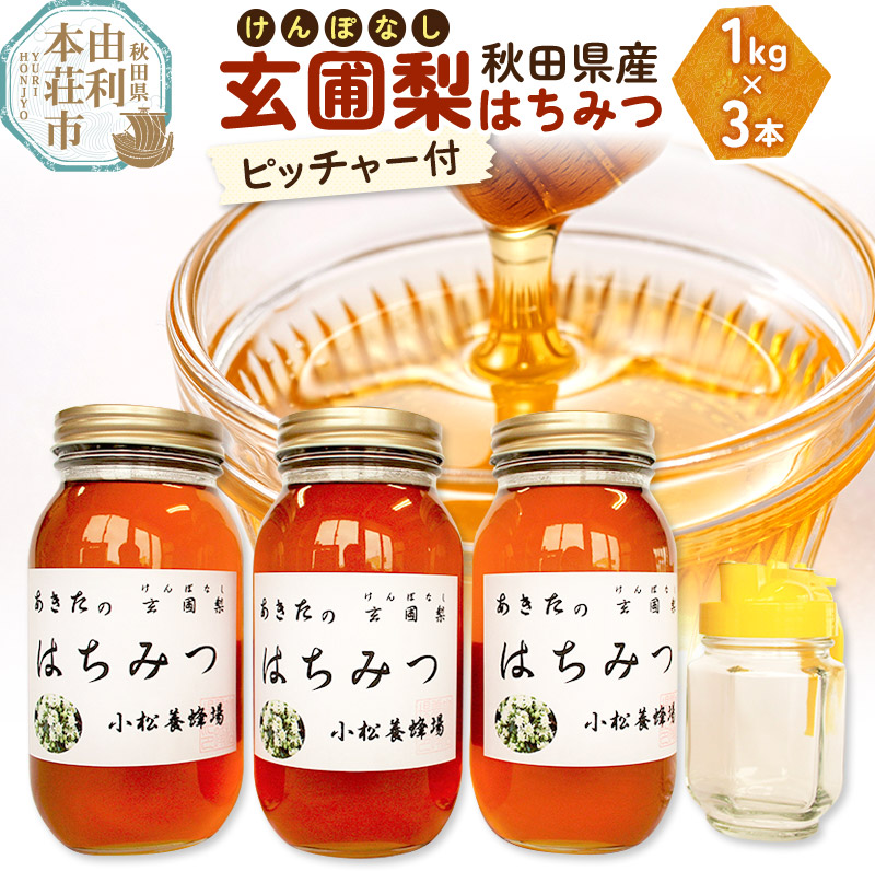 【ふるさと納税】小松養蜂場 はちみつ 秋田県産 100％ 玄圃梨蜂蜜 1kg×3本 ピッチャー付