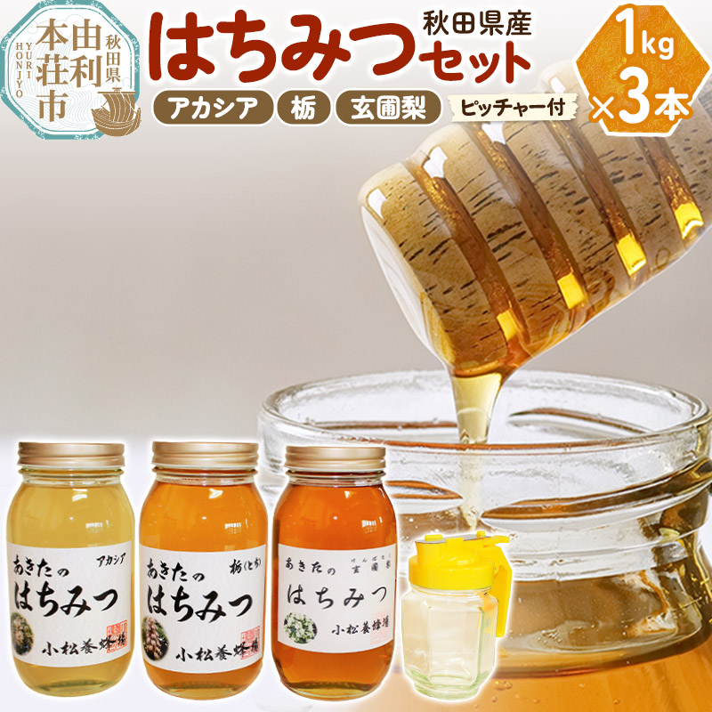 【ふるさと納税】小松養蜂場 はちみつ 秋田県産 100％ 秋田のはちみつ3本セット 合計3kg（アカシア、栃、玄圃梨 各1kg)空ピッチャー付