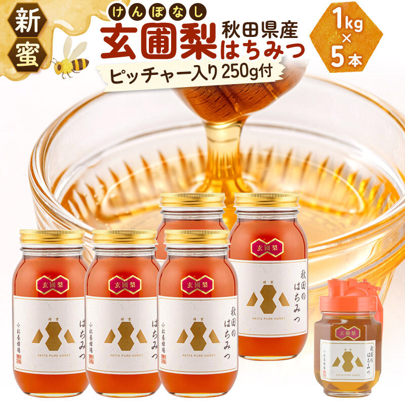 【ふるさと納税】《先行受付》【新蜜】小松養蜂場 はちみつ 秋田県産 100％ 玄圃梨蜂蜜 1kg&times;5本 ピッチャー250g付 計5.25kg [はちみつ ハチミツ 蜂蜜 国産 秋田県産]｜秋田県由利本荘市