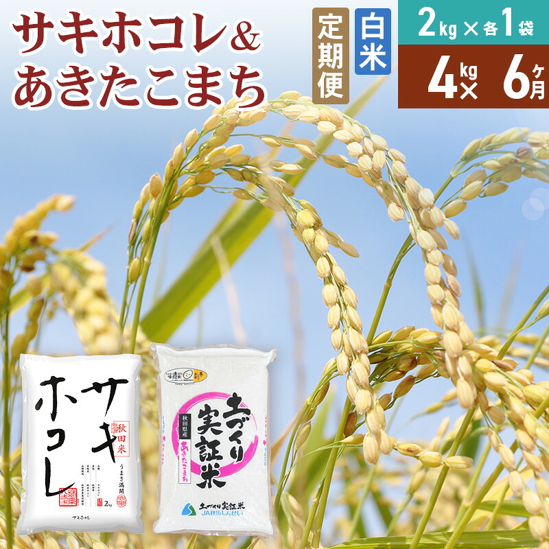 【ふるさと納税】《定期便6ヶ月》【白米】令和7年産 サキホコレ2kg・土づくり実証米あきたこまち2kg (計4kg) &times;6回 計24kg 精米 特A評価米 秋田県産｜秋田県由利本荘市