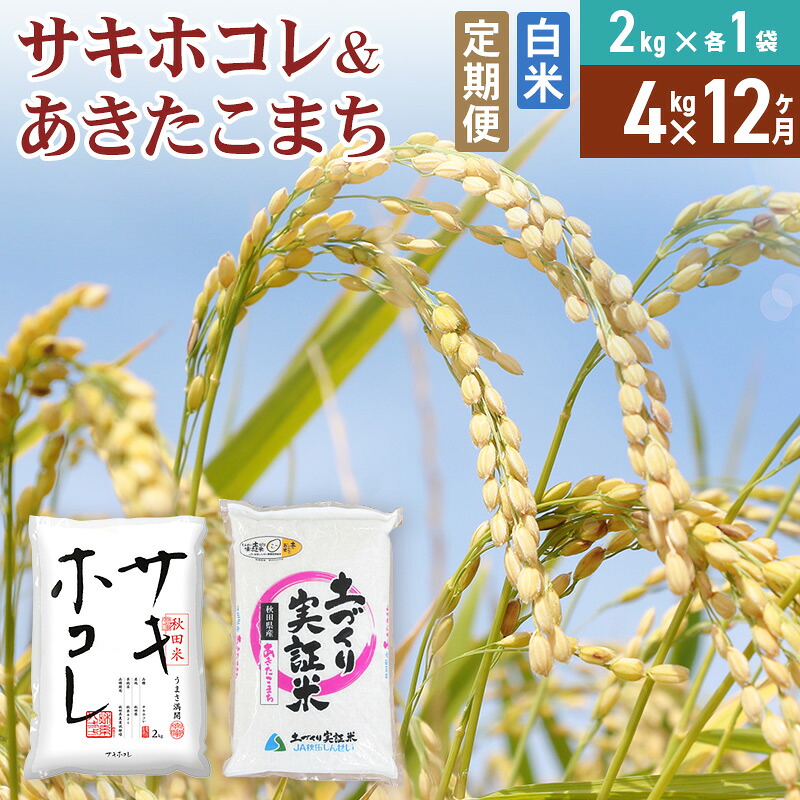 【ふるさと納税】《定期便12ヶ月》【白米】令和7年産 サキホコレ2kg・土づくり実証米あきたこまち2kg (計4kg) ×12回 計48kg 精米 特A評価米 秋田県産|秋田県由利本荘市