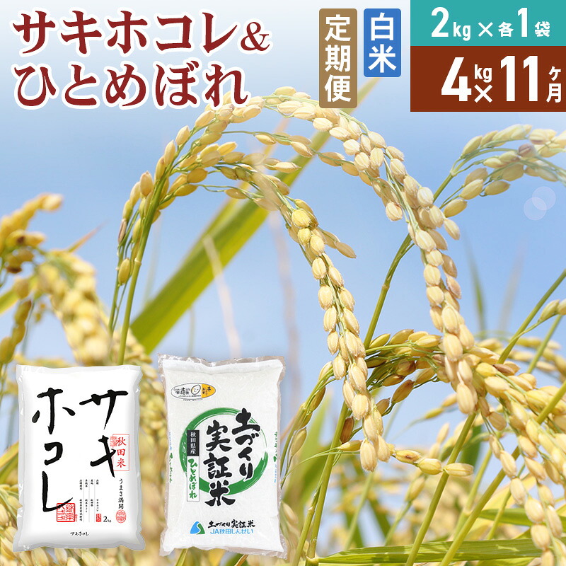 【ふるさと納税】《定期便11ヶ月》【白米】令和7年産 サキホコレ2kg・土づくり実証米ひとめぼれ2kg (計4kg) ×11回 計44kg 精米 特A評価米 秋田県産|秋田県由利本荘市
