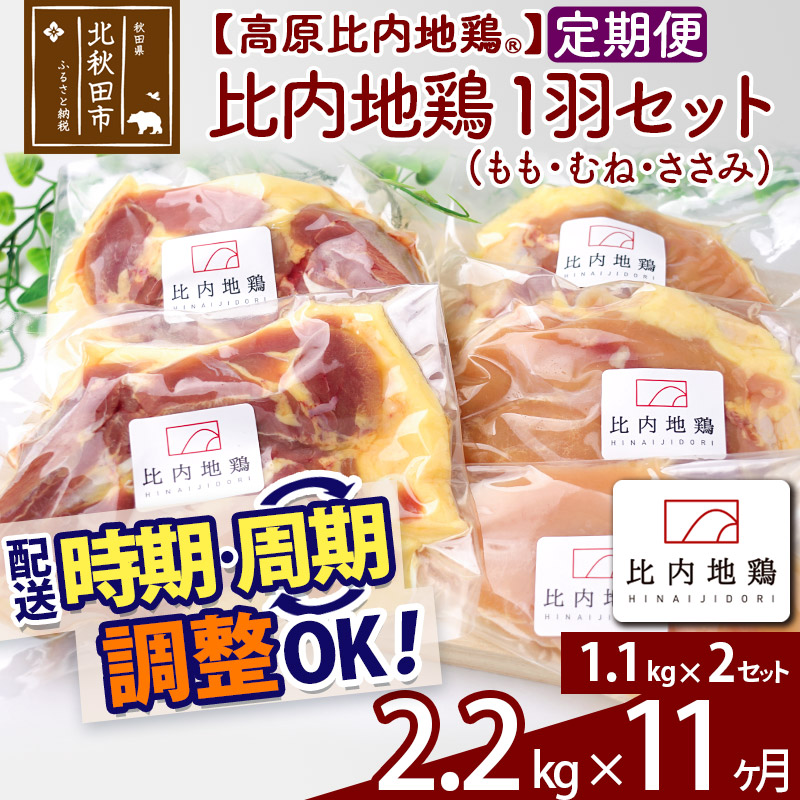 【ふるさと納税】 《定期便11ヶ月》 高原比内地鶏 正肉 1羽分&times;2セット もも肉 むね肉 ササミ 2.2kg(1.1kg&times;2セット)&times;11回 計24.2kg 時期選べる お届け周期調整可能 小分け 個包装 国産 冷凍 鶏肉 鳥肉 とり肉 モモ肉 11か月 11ヵ月 11カ月 11ケ月｜秋田県北秋田市
