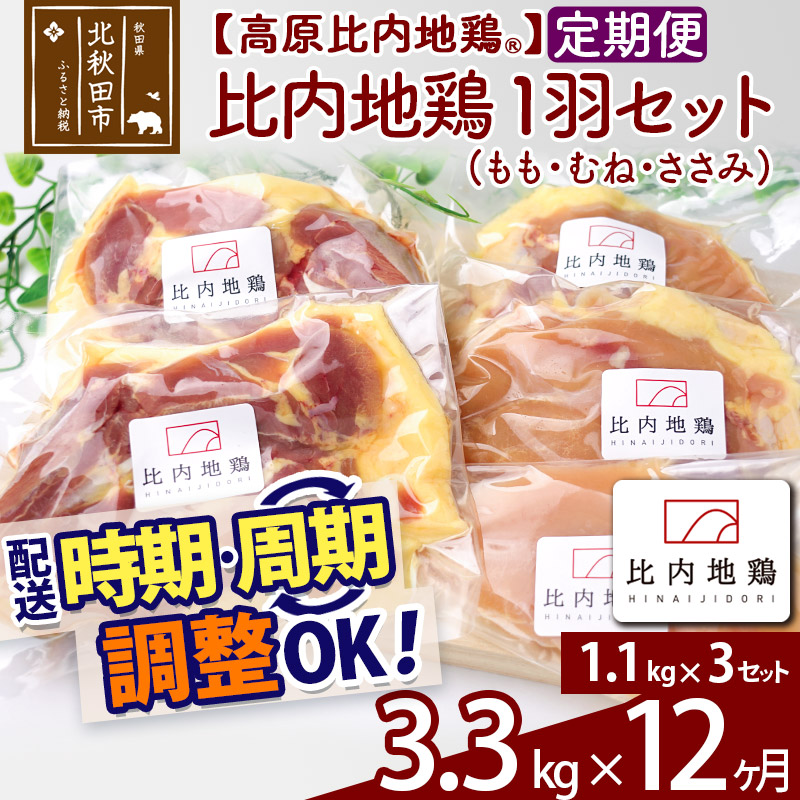 【ふるさと納税】 《定期便12ヶ月》 高原比内地鶏 正肉 1羽分&times;3セット もも肉 むね肉 ササミ 3.3kg(1.1kg&times;3セット)&times;12回 計39.6kg 時期選べる お届け周期調整可能 小分け 個包装 国産 冷凍 鶏肉 鳥肉 とり肉 モモ肉 12か月 12ヵ月 12カ月 12ケ月｜秋田県北秋田市