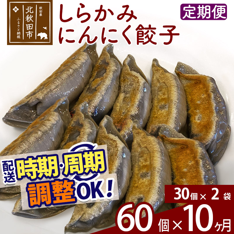 【ふるさと納税】【定期便10ヶ月】しらかみにんにく餃子 60個 (30個×2パック) お届け時期選べる 【冷凍】秋田県産 国内産 豚肉 ぎょうざ ギョウザ ギョーザ 冷凍餃子 生餃子 冷凍食品 中華 惣菜