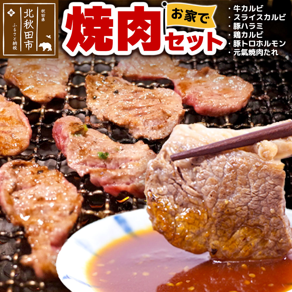 【ふるさと納税】お家で焼肉2kgセット（牛カルビ、スライスカルビ、豚ハラミ、鶏カルビ、豚トロホルモン、元氣焼き肉たれ） 牛肉 豚肉 鶏肉 タレのバラエティセット