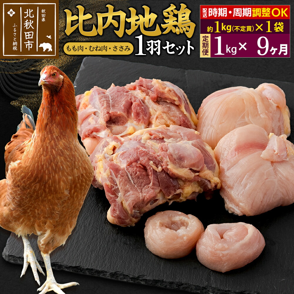 【ふるさと納税】《定期便9ヶ月》 比内地鶏 1羽セット（もも肉・むね肉・ささみ）約1kg（約1kg（不定貫）×1袋）×9回 計9kg 時期選べる お届け周期調整可能 9か月 9ヵ月 9カ月 9ケ月 9キロ 国産 冷凍 正肉 鶏肉 鳥肉