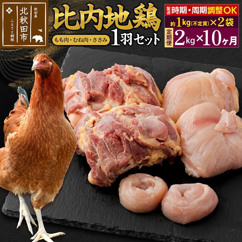 【ふるさと納税】《定期便10ヶ月》 比内地鶏 1羽セット(もも肉・むね肉・ささみ)約2kg(約1kg(不定貫)×2袋)×10回 計20kg 時期選べる お届け周期調整可能 10か月 10ヵ月 10カ月 10ケ月 20キロ 国産 冷凍 正肉 鶏肉 鳥肉