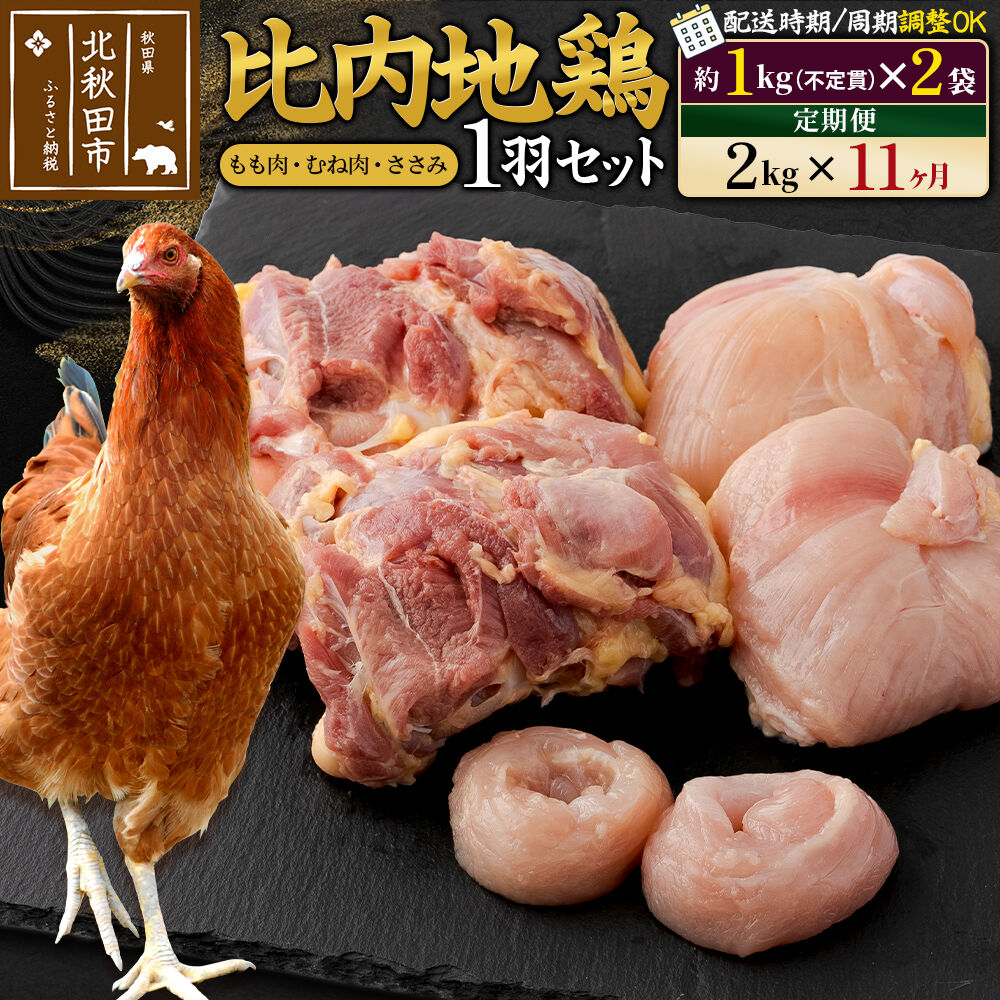 【ふるさと納税】《定期便11ヶ月》 比内地鶏 1羽セット（もも肉・むね肉・ささみ）約2kg（約1kg（不定貫）×2袋）×11回 計22kg 時期選べる お届け周期調整可能 11か月 11ヵ月 11カ月 11ケ月 22キロ 国産 冷凍 正肉 鶏肉 鳥肉