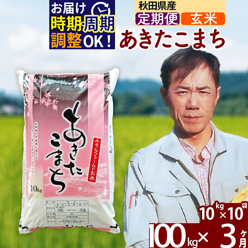 【ふるさと納税】※令和7年産 新米予約※《定期便3ヶ月》秋田県産 あきたこまち 100kg【玄米】(10kg袋) 2025年産 お届け周期調整可能 隔月に調整OK お米 みそらファーム