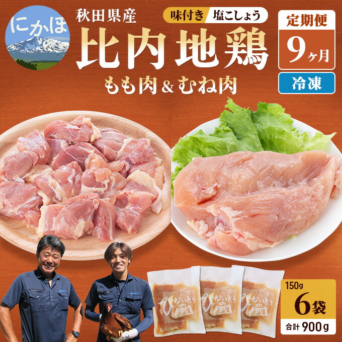 秋田県産比内地鶏肉の定期便900g(150g×6袋×9ヶ月 計8.1kg 小分け モモ ムネ 塩コショウ 味付き )