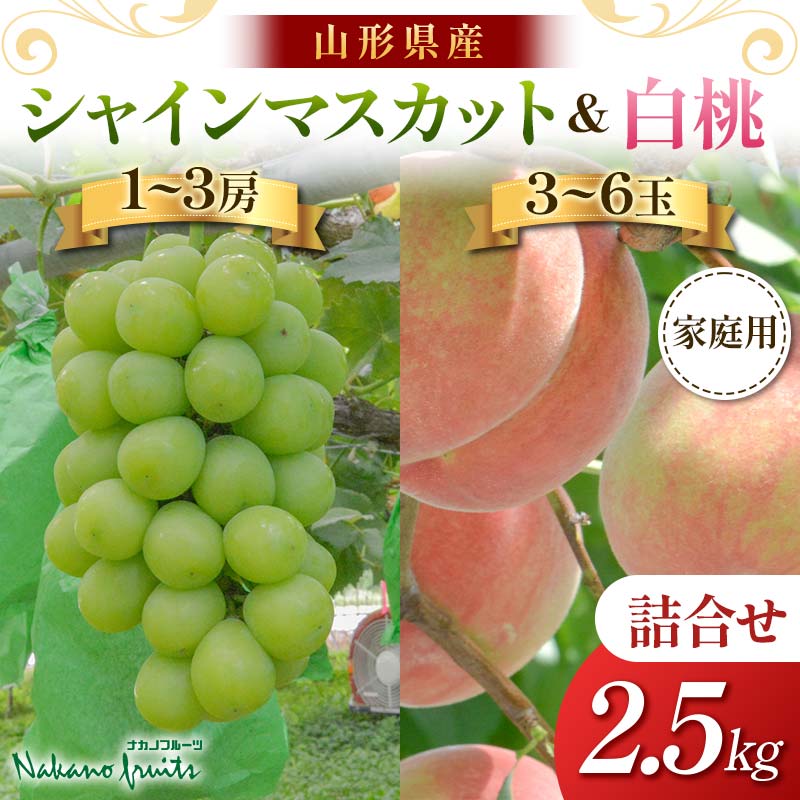 【ふるさと納税】≪2026年先行予約≫【仲野観光果樹園】ご家庭用 山形県産 シャインマスカット 白桃 2種詰合せ 2.5kg 種無し ぶどう 2026年9月中旬から順次発送 F2Y-6139