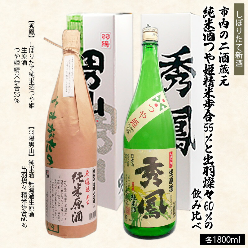 【ふるさと納税】【しぼりたて新酒】市内の二酒蔵元 精米歩合 純米酒つや姫 55％と出羽燦々60％ 飲み比べ 1.8L&times;2本 FZ26-726｜山形県山形市