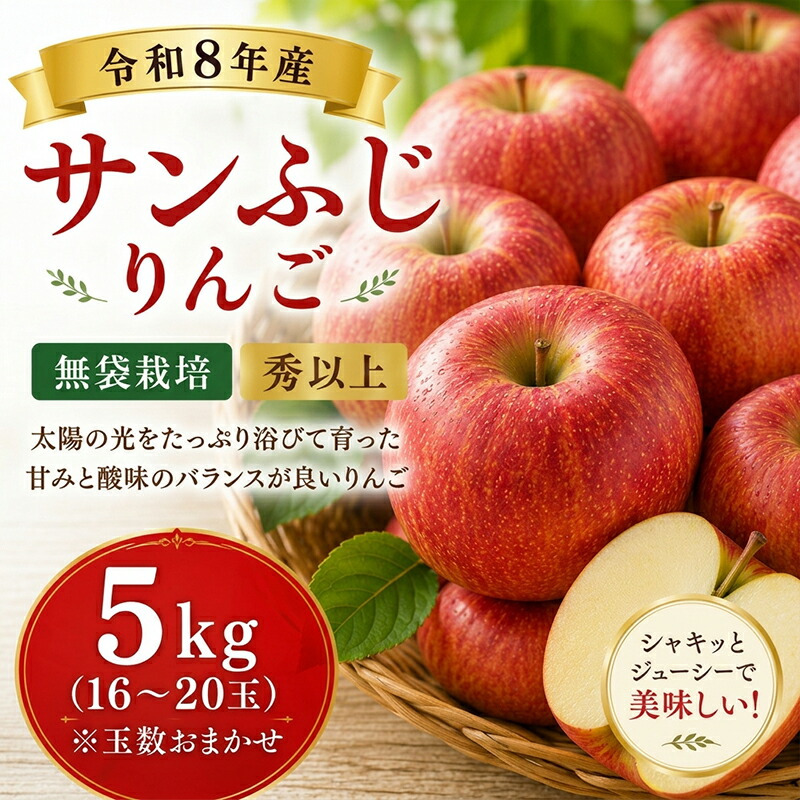 【ふるさと納税】山形産 サンふじりんご 5kg(16～20玉)無袋栽培 秀以上 FY26-172｜山形県山形市