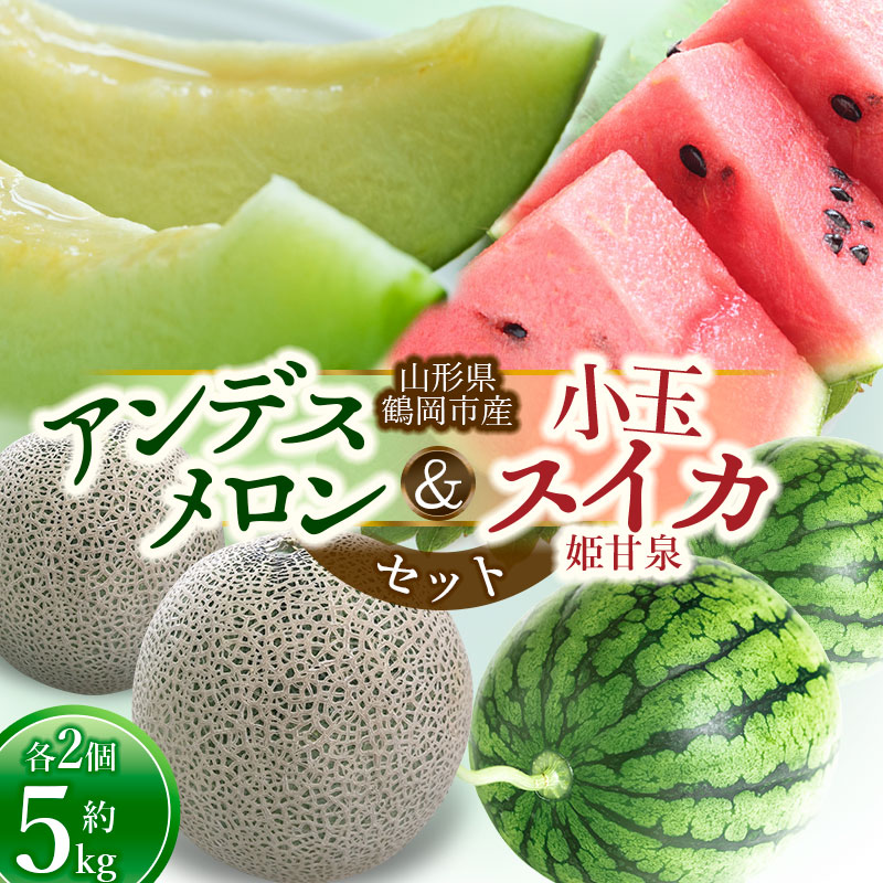 【ふるさと納税】【令和7年産 先行予約】鶴岡産 アンデスメロンと小玉スイカ（姫甘泉）セット  各2玉（合計約5kg）| 山形県 鶴岡市 庄内 砂丘 返礼品 フルーツ 果物 くだもの お取り寄せグルメ  めろん 西瓜 特産品