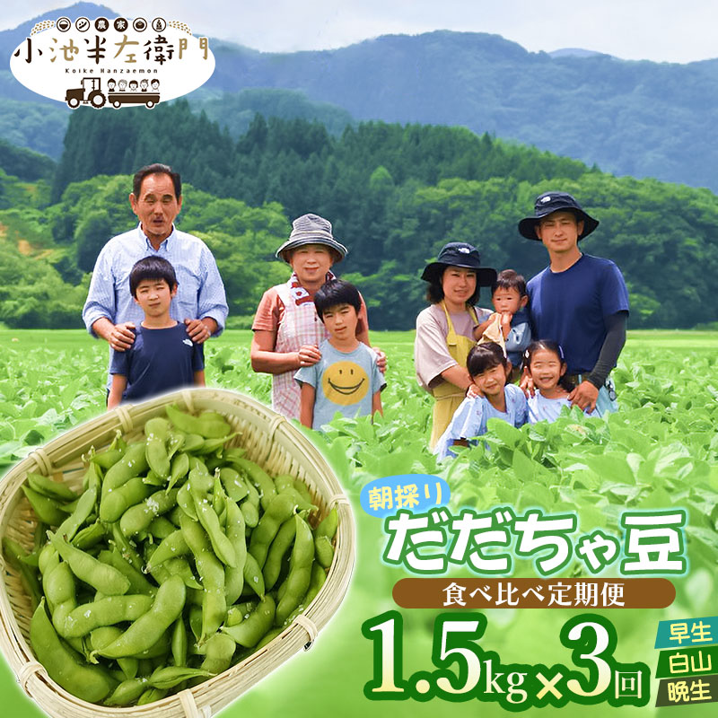 【ふるさと納税】【令和7年産先行予約】朝採りだだちゃ豆 食べ比べ定期便 1.5kg (500g×3袋)×3回 お届け 早生・白山・晩生 枝豆 小池半左衛門　山形県鶴岡市