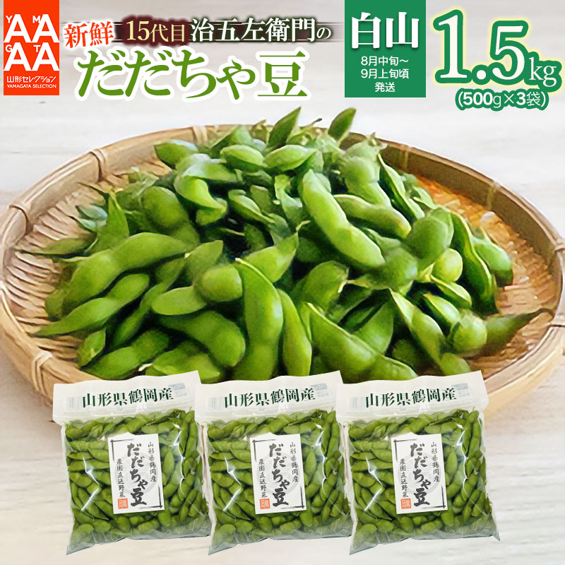 【ふるさと納税】【令和7年産先行予約】山形セレクション認定！15代目「治五左衛門」の新鮮だだちゃ豆（白山だだちゃ豆）1.5kg(500g×3袋)  | 枝豆 山形県 鶴岡市 えだまめ 楽天ふるさと 納税 東北 お取り寄せ 豆 茶豆 鶴岡 おつまみ だだ茶豆
