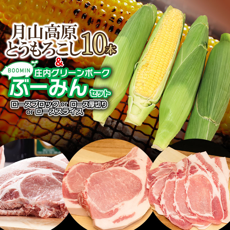 【ふるさと納税】【令和7年産先行予約】月山高原とうもろこし10本と庄内グリーンポーク“ぶーみん”セット（ロースブロック約500g・ロース厚切り約500g・ローススライス約250g×2P）3種から選べます 庄内豚 豚肉 肉バルYAKU禄 | 山形県 鶴岡市 返礼品 お取り寄せ 豚ロース