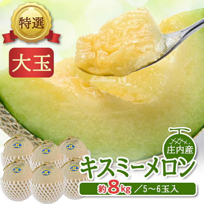 【ふるさと納税】特選 キスミーメロン 約8kg（大玉 5～6玉入） 青肉 つる付 山形県庄内産 7月中旬～8月上旬頃お届け ※着日指定不可 青肉メロン メロン ツル付き セット 東北 山形県 酒田市 庄内