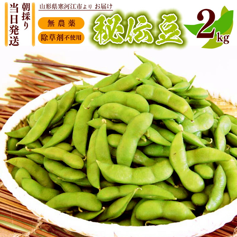 【ふるさと納税】【無農薬・除草剤不使用】 枝豆 「秘伝豆」 2kg 山形産 【クール便】 【2025年9月下旬から10月中旬頃】<br>／ お取り寄せ グルメ 野菜 ご当地 晩酌 おつまみ おやつ ずんだ 豆ごはん 名産 特産 安心 安全 東北 山形 山形県産 2025年産 令和7年産