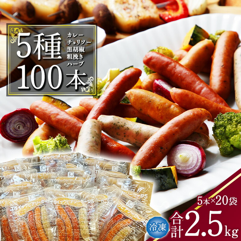 【ふるさと納税】５種の ウインナー 合計2.5kg（125g×小分け20パック：計100本） <br>／ 小分け 個包装 便利 冷凍 保存 備蓄 あらびき ソーセージ 食べ比べ 大容量 業務用 湯煎 牛 豚 肉 アウトドア バーベキュー 焼肉 おかず おつまみ 弁当 国内製造 東北 山形 日東ベスト