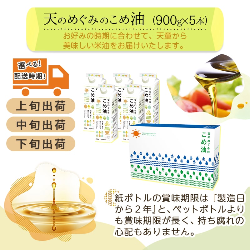 【ふるさと納税】高評価 天のめぐみのこめ油 900g × 5本 セット 配送時期が選べる 国産 紙パック 大容量 米油 油 植物油 調理油 食用油 調味料 先行予約 のし 贈答 ギフト 大人気 お取り寄せ 健康志向 栄養機能食品 常温保存 人気 おすすめ 送料無料 【 山形県 天童市 】