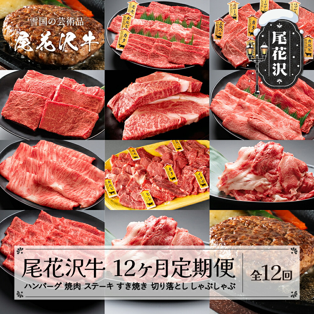 【ふるさと納税】尾花沢牛 12ヶ月 定期便 ( 焼肉 / ハンバーグ / しゃぶしゃぶ / ステーキ / すき焼き / 切り落とし ) 全12回 冷凍配送 国産牛 山形牛 尾花沢牛 黒毛和牛 牛肉 お肉 食べ比べ 牛 定期 毎月発送 送料無料 nj-tkogx12