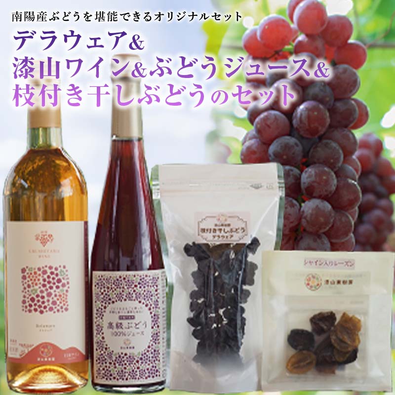 【ふるさと納税】 【令和8年産先行予約】 デラウェア 1箱 (5房前後入り) ＋ 漆山ワイン (デラウェア) ＋ 高級ぶどう果汁100%ジュース ＋ 枝付き干しぶどう 《令和8年7月中旬～発送》 『漆山果樹園』 山形県 南陽市 [785]｜山形県南陽市