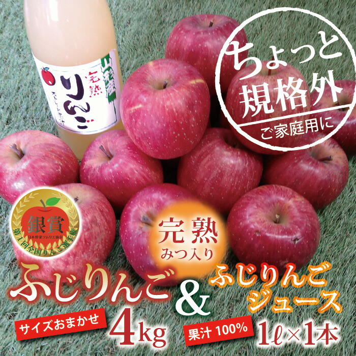 【ふるさと納税】 〈訳あり ちょっと規格外〉 完熟みつ入りふじりんご 約4kg ＆ ふじりんごストレートジュース 1本 セット 《令和7年12月中旬～発送》 【全国りんご選手権 銀賞】 『船中農園』 山形県 南陽市 [1404]