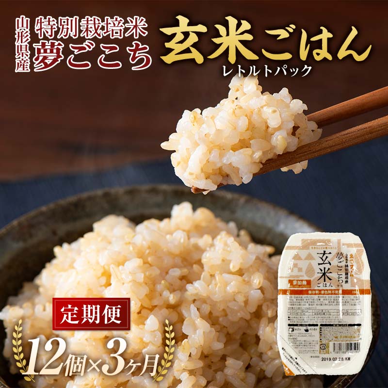 【ふるさと納税】 《定期便3回》 レトルトパック 「特別栽培米 夢ごこち 玄米ごはん 定期便」 160g×12パック×3か月 『(株)黒澤ファーム』 米 玄米 ご飯 レトルト 保存食 非常食 備蓄 防災 山形県 南陽市 [2329]