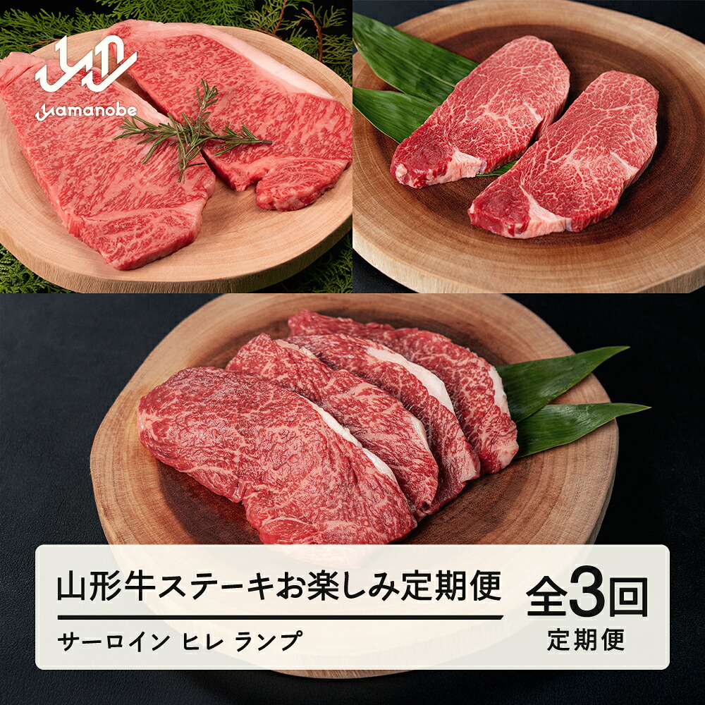 【ふるさと納税】山形牛 定期便 山形牛ステーキお楽しみ定期便(全3回) 冷凍 セット ステーキ サーロイン ヒレ ランプ 高橋畜産 送料無料 ※沖縄・離島への配送不可 tc-tkygt3