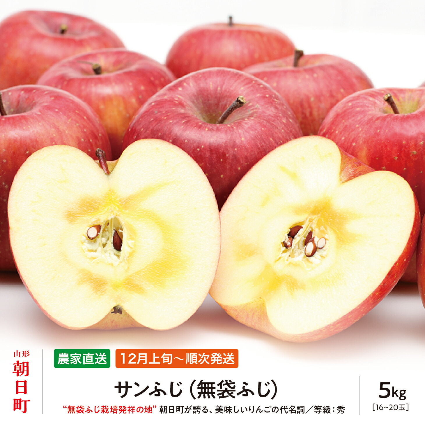 【ふるさと納税】＜ 先行予約 ＞ りんご サンふじ 秀 5kg 16～20玉 【2026年12月上旬発送】農家直送 山形県 朝日町産 山形県産 特産 果物 フルーツ リンゴ 林檎 産地直送 秋 冬 送料無料｜山形県朝日町