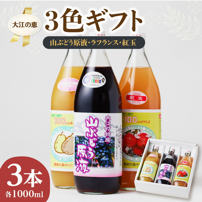 【ふるさと納税】 大江の恵 3色ギフト (山ブドウ原液、ラフランス、紅玉各1000ml) 飲料類 果汁飲料 果汁100% 産地直送|山形県大江町