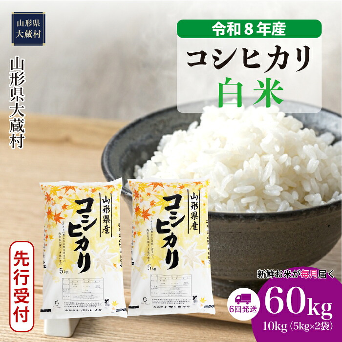 【ふるさと納税】＜令和8年産米先行受付＞ 大蔵村 コシヒカリ ＜白米＞ 定期便 60kg （10kg&times;1ヶ月間隔で6回お届け）｜山形県大蔵村