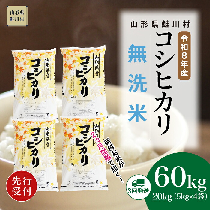 【ふるさと納税】＜令和8年産米先行受付＞ 鮭川村 コシヒカリ 【無洗米】60kg （20kg&times;2ヶ月間隔で3回お届け）＜配送時期選べます＞｜山形県鮭川村
