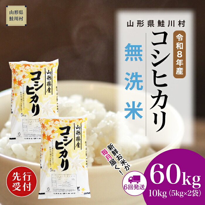 【ふるさと納税】＜令和8年産米先行受付＞ 鮭川村 コシヒカリ 【無洗米】60kg （10kg&times;1ヶ月間隔で6回お届け）＜配送時期選べます＞｜山形県鮭川村