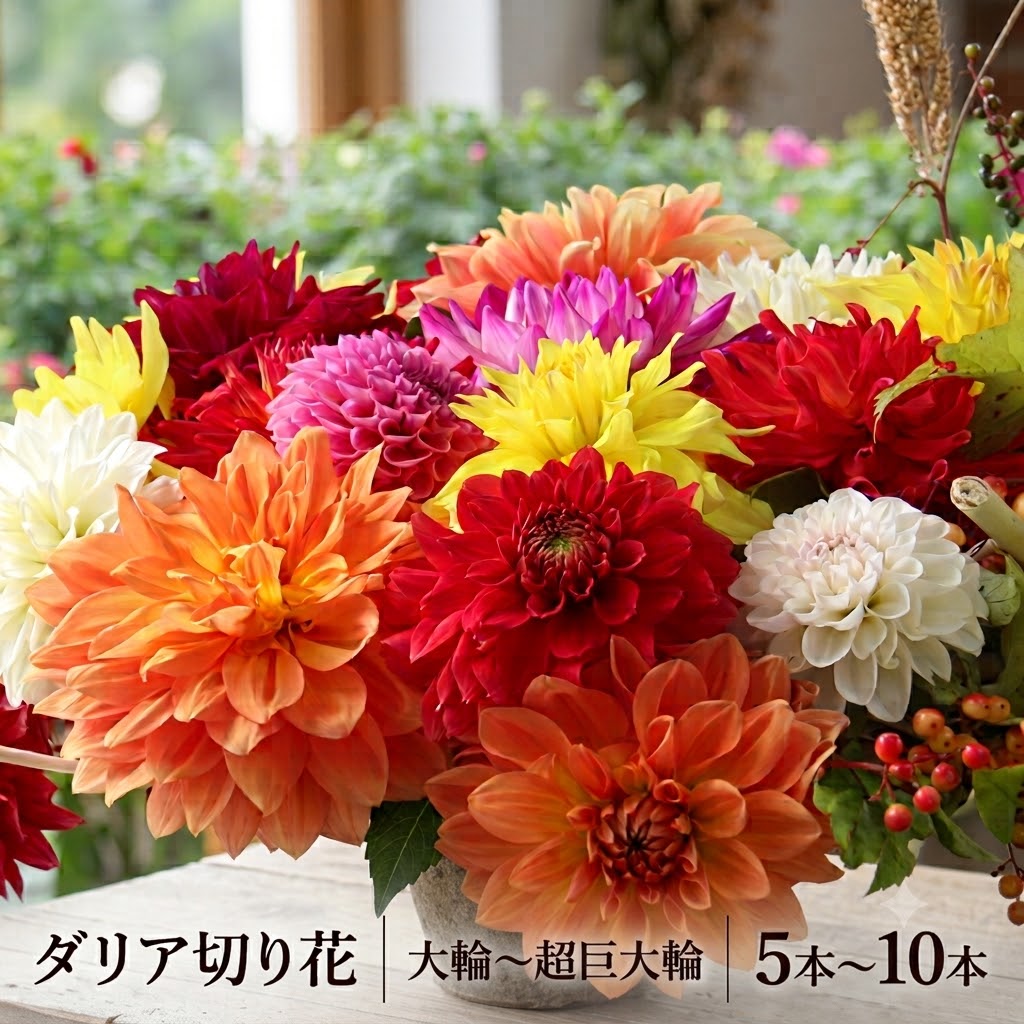 【ふるさと納税】受賞歴多数！農家直送 ダリア 切花　大輪～超巨大輪(約24cm～30cm前後)　家庭用　5～10本　8月下旬～11月上旬出荷予定【配送不可地域：離島】【1244699】｜山形県川西町