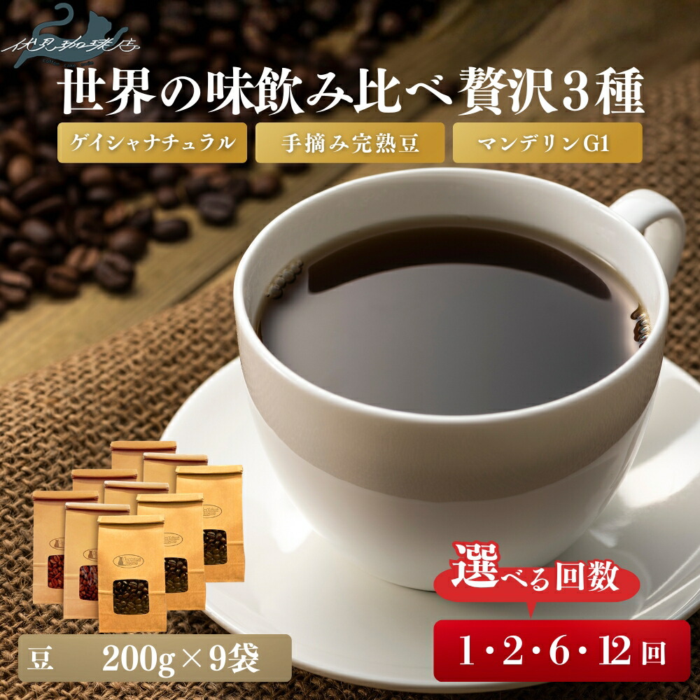 【ふるさと納税】【世界のコーヒー3種】世界の銘柄を味わう厳選スペシャリティセットゲイシャ ナチュラル グリーンランド農園（200g）×3袋 手摘み完熟豆（200g）×3袋 マンデリンG1（200g）×3袋 1セット 選べる お届け回数 1回 2回 6回 12回 55,800円