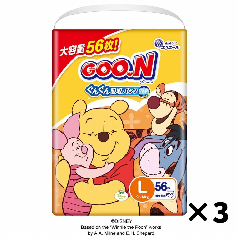 【ふるさと納税】オムツ グーン ぐんぐん吸収 パンツ Lサイズ 168枚（56枚&times;3パック）ディズニー 男女共用 おむつ ビッグ 紙おむつ 紙オムツ 赤ちゃん ベビー エリエール L サイズ (9～14kg) 日用品 消耗品 消臭 大王製紙｜福島県いわき市